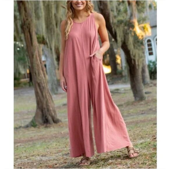 NATURAL LIFE Katie Wide Leg Linen Blend Jumpsuit Pink Sz S/M NWT {3W50} - Picture 1 of 5